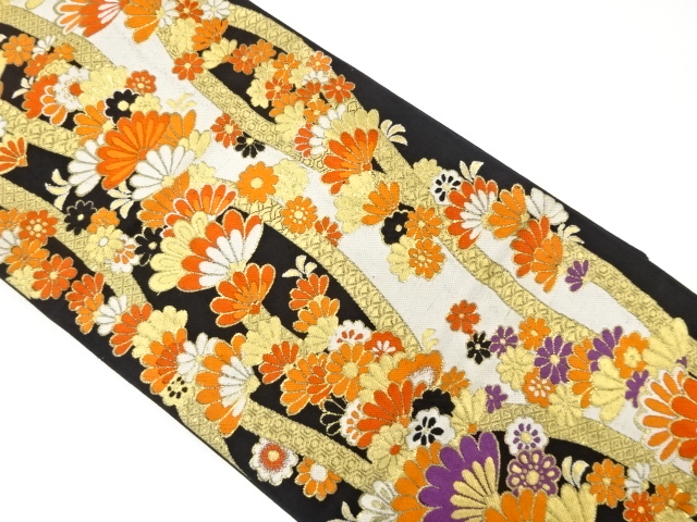 JAPANESE KIMONO / ANTIQUE FUKURO OBI / WOVEN WAVY STRIPE & FLOWER